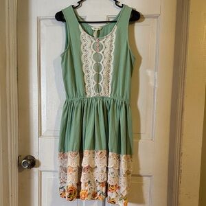 Matilda Jane Green Midi Dress with Lace and Floral Hem